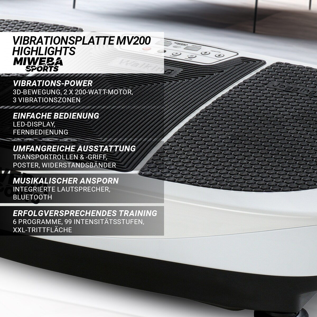 Miweba Sports Vibrationsplatte MV200, 3D-Vibration, Fernbedienung, Bluetooth, Display, 2 x 200 Watt (Schwarz)