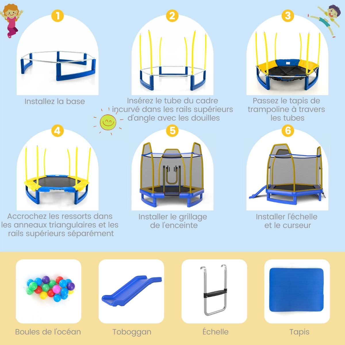 Trampoline Extérieur Ø 223cm avec Toboggan&Echelle avec Filet de Sécurité 2 Portes en U Charge 270kg pour 2-3 Enfants de 3 Ans+ Bleu/Vert - Lidl-Manfred