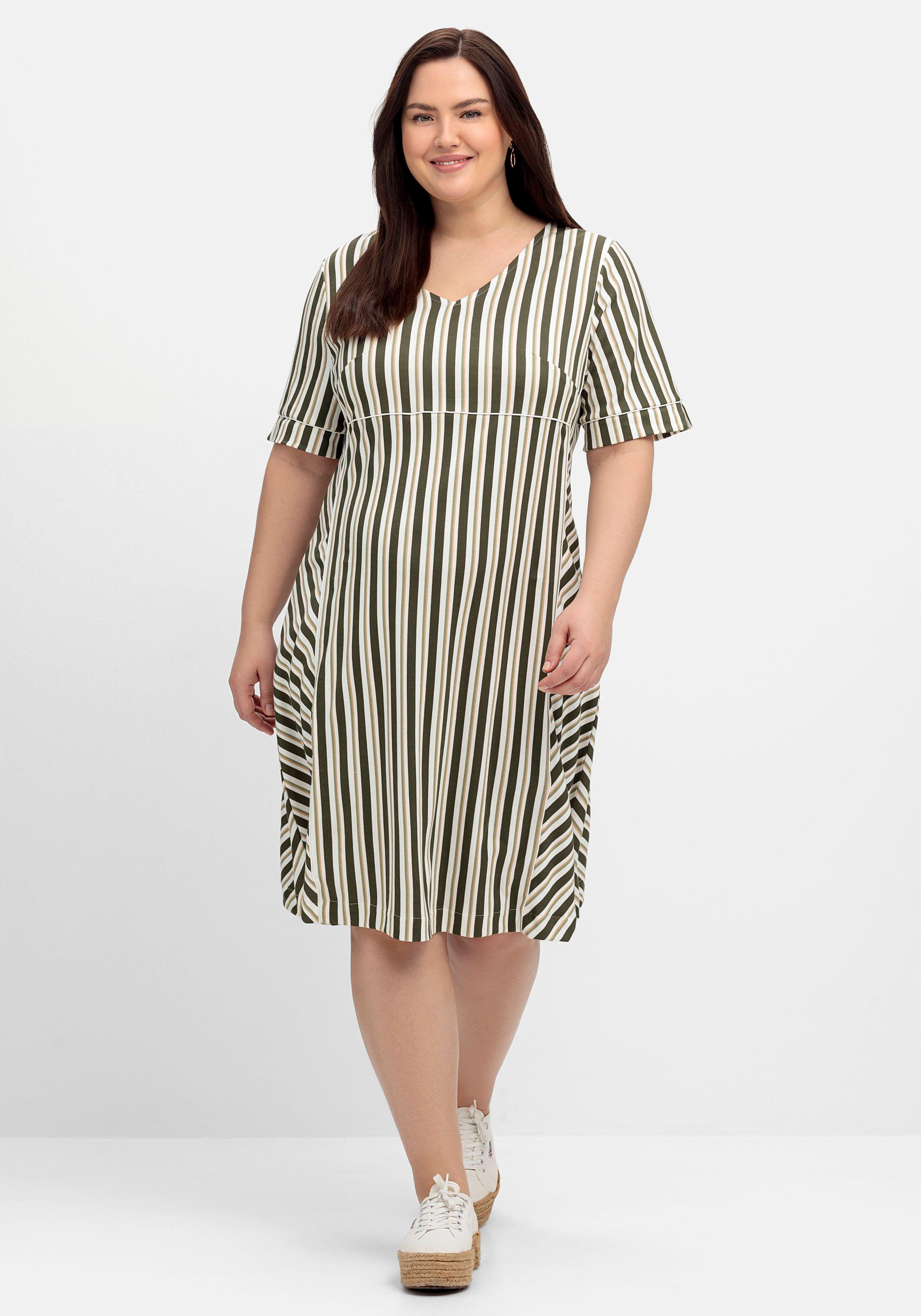 Jerseykleid im Streifen-Design, mit V-Ausschnitt