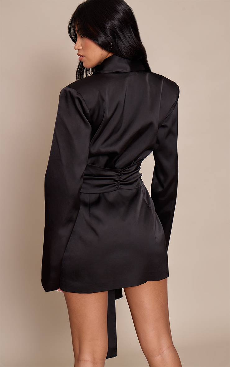 Noir Robe Blazer En Satin Structuré Avec Détail Drapé