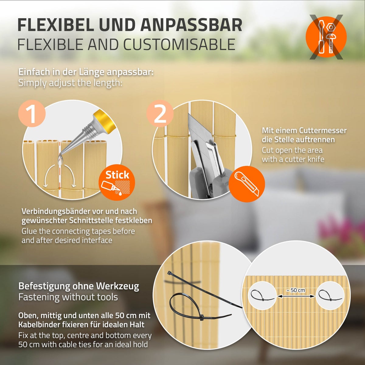 ECD Germany PVC-inkijkschermmat 120 x 1000 cm (2 x 5 m), bamboe, inkijkscherm met 3-voudige wapening, UV-bestendig, windbreker, balkonbekleding, schuttingscherm, inkijkscherm voor tuin, balkon en terras