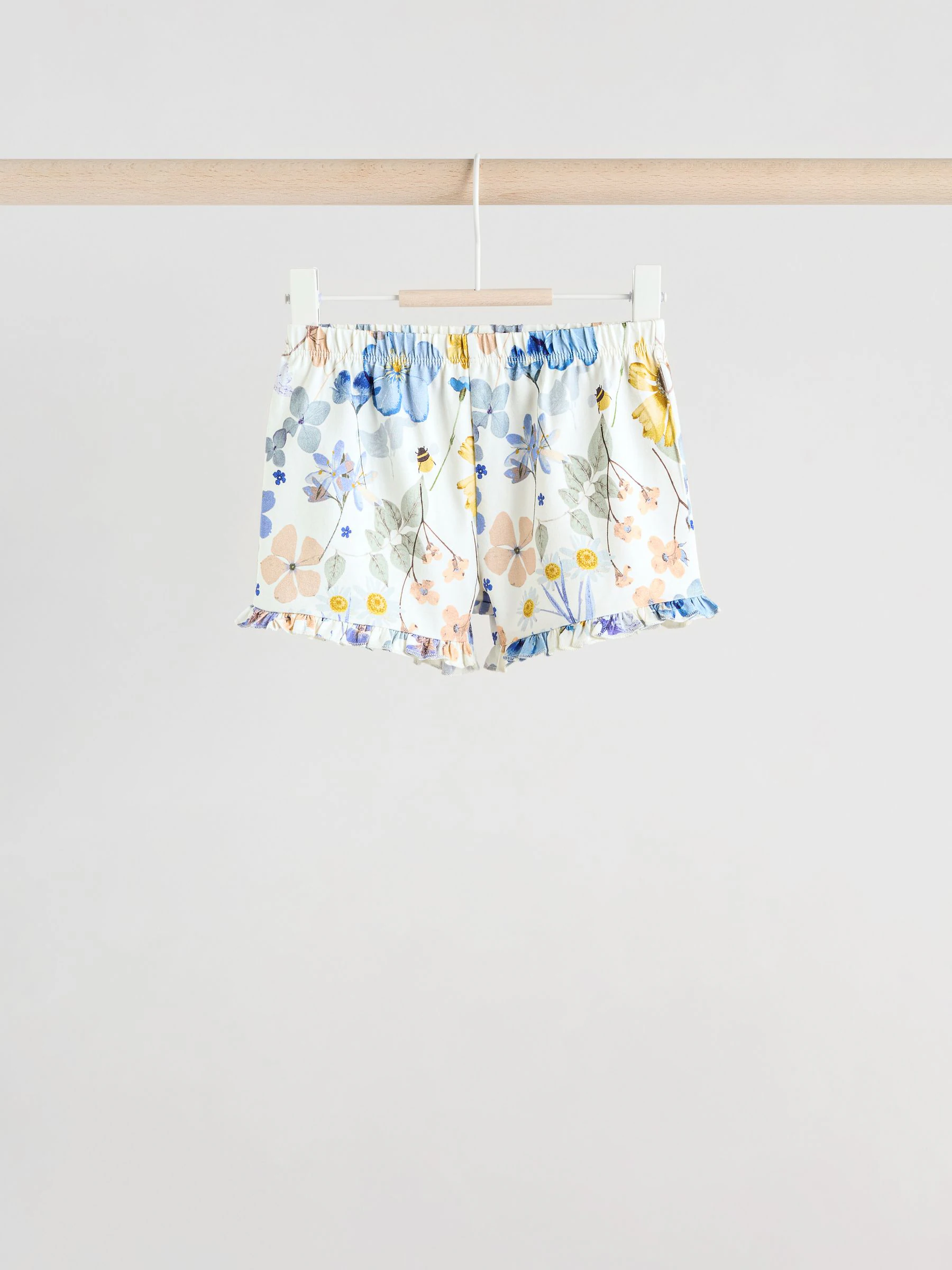 Blauw/wit met bloemenprint - 6 -delig Baby Set van T-shirt met ruches en short (0mnd-2jr)