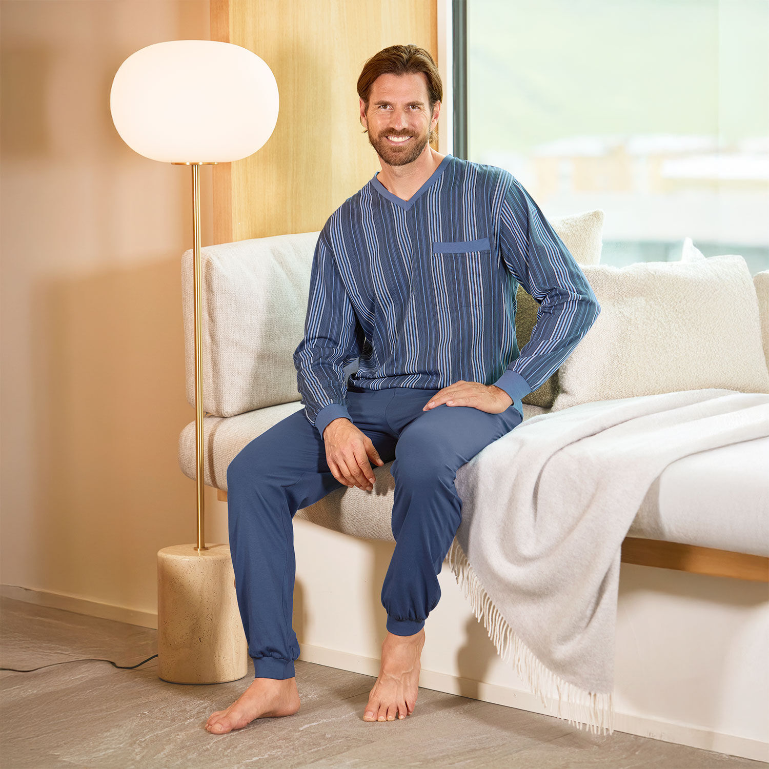 Herren Langarmpyjama Baumwolle blau