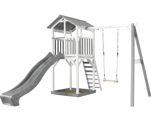 Axi Beach Tower speeltoren met enkele schommel en glijbaan, grijs hout, grijs en wit
