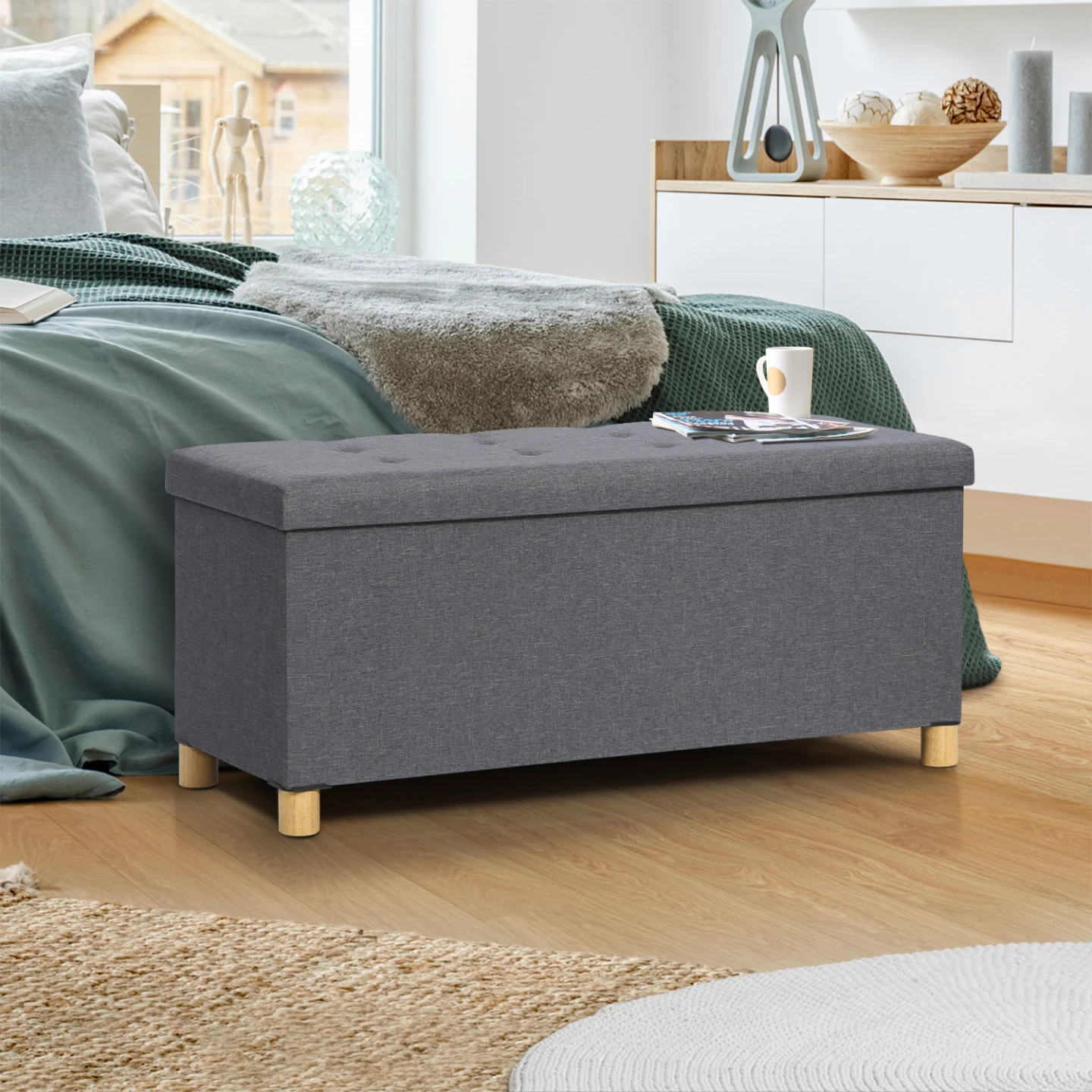 Banc coffre rangement sur pied 100 cm tissu gris anthracite