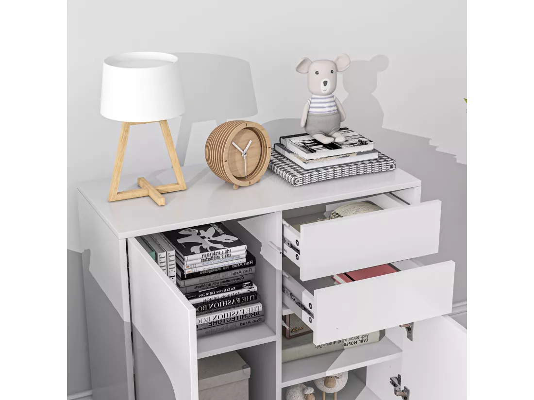 Commode buffet meuble de rangement 2 tiroirs 2 portes avec étagère 79 x 36 x 74 cm blanc laqué