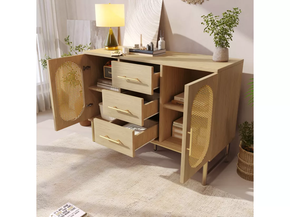 Commode 2 portes et 3 tiroirs - panneaux de particules - Naturel