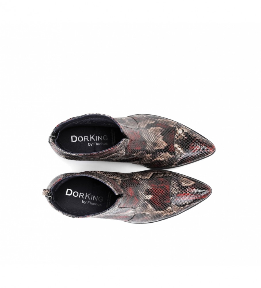 Botas de cano curto Dorking by Fluchos D6034 em couro vermelho com estampa animal - Altura do salto: 6 cm -