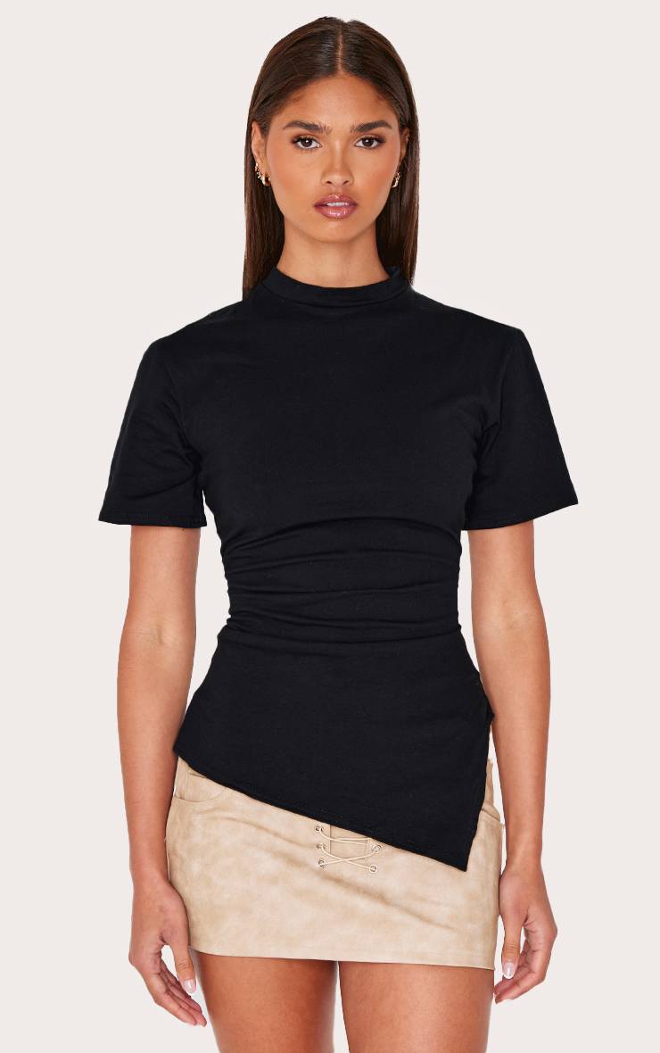 Noir T-shirt En Coton À Ourlet Asymétrique Et Côté Froncé