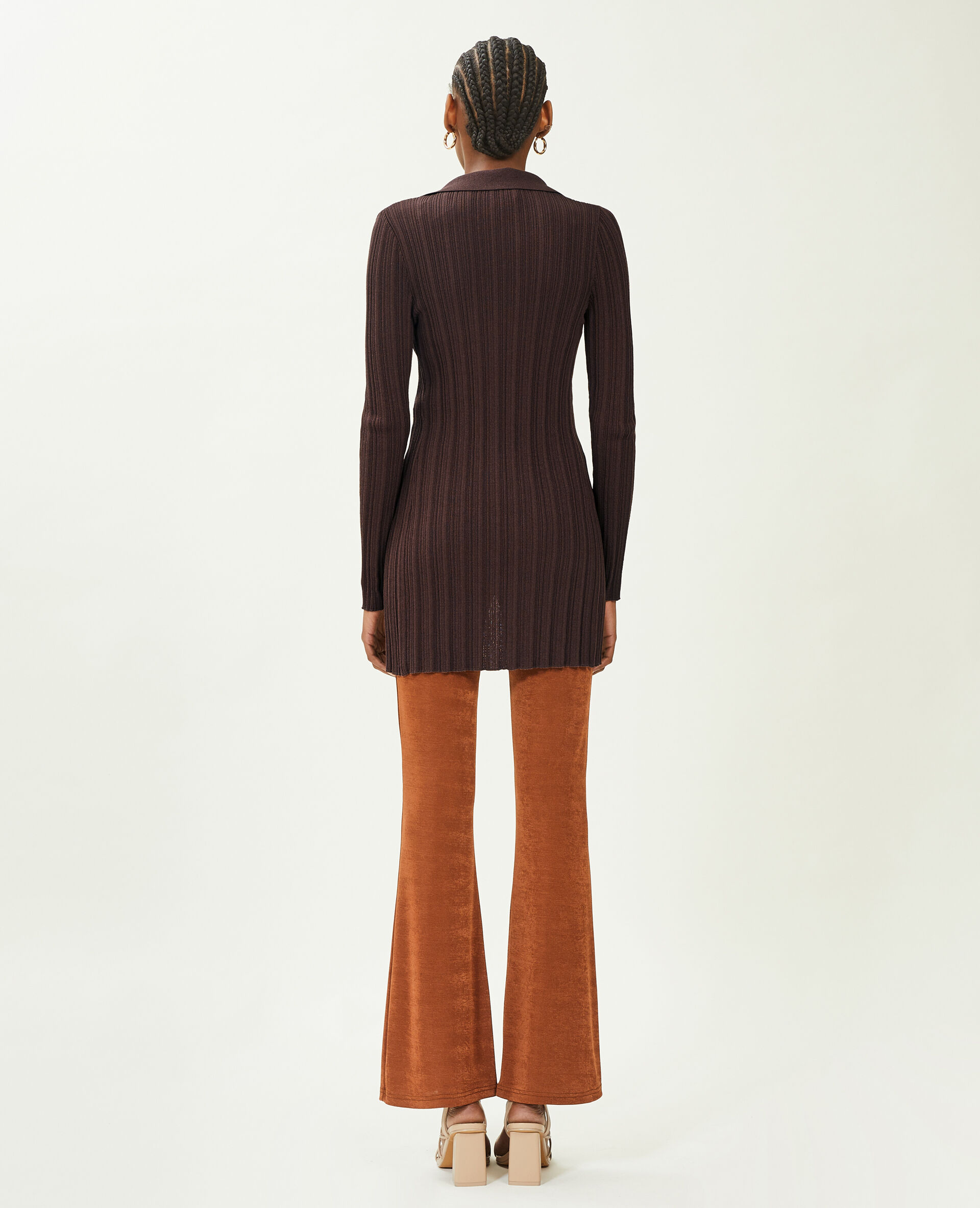 Gilet long en maille côtelée col polo - Marron