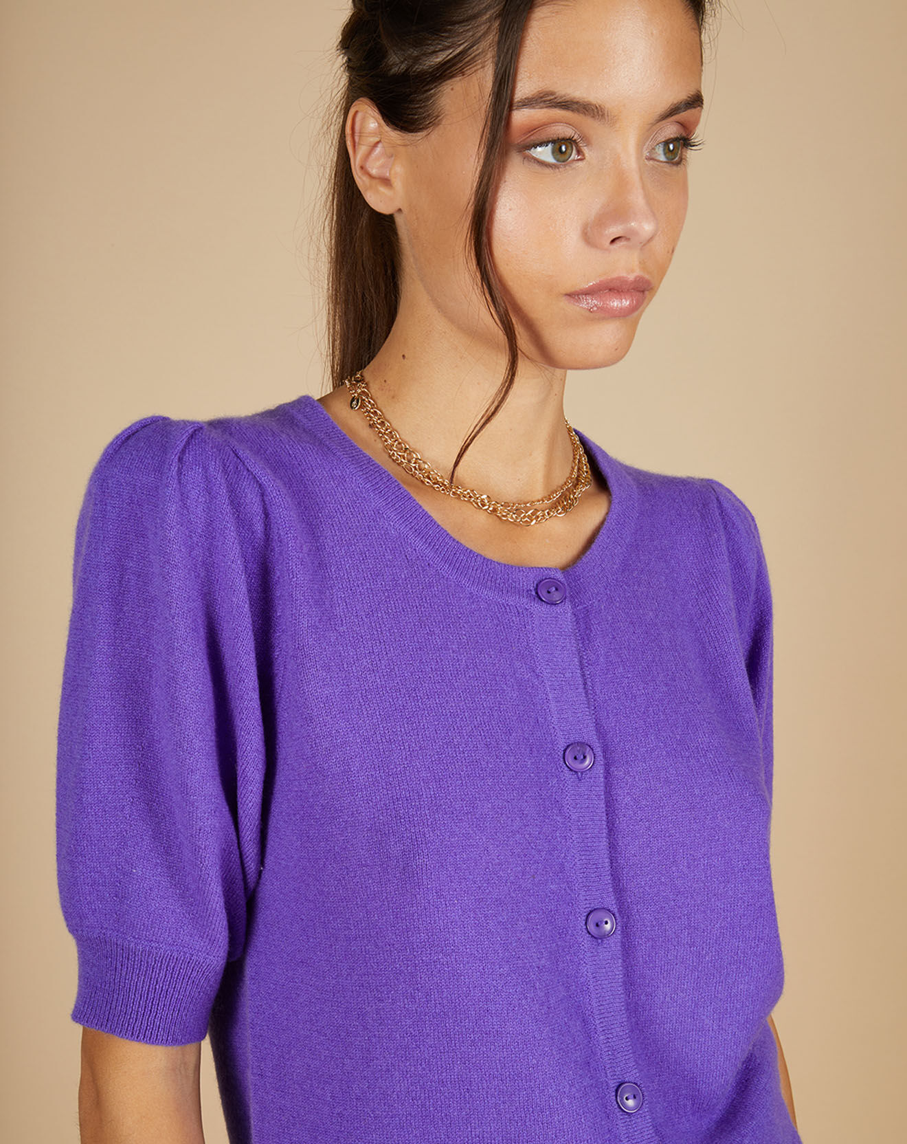 Cashmere Tribu Cardigan 100% Cachemire Claire manches ballon violet