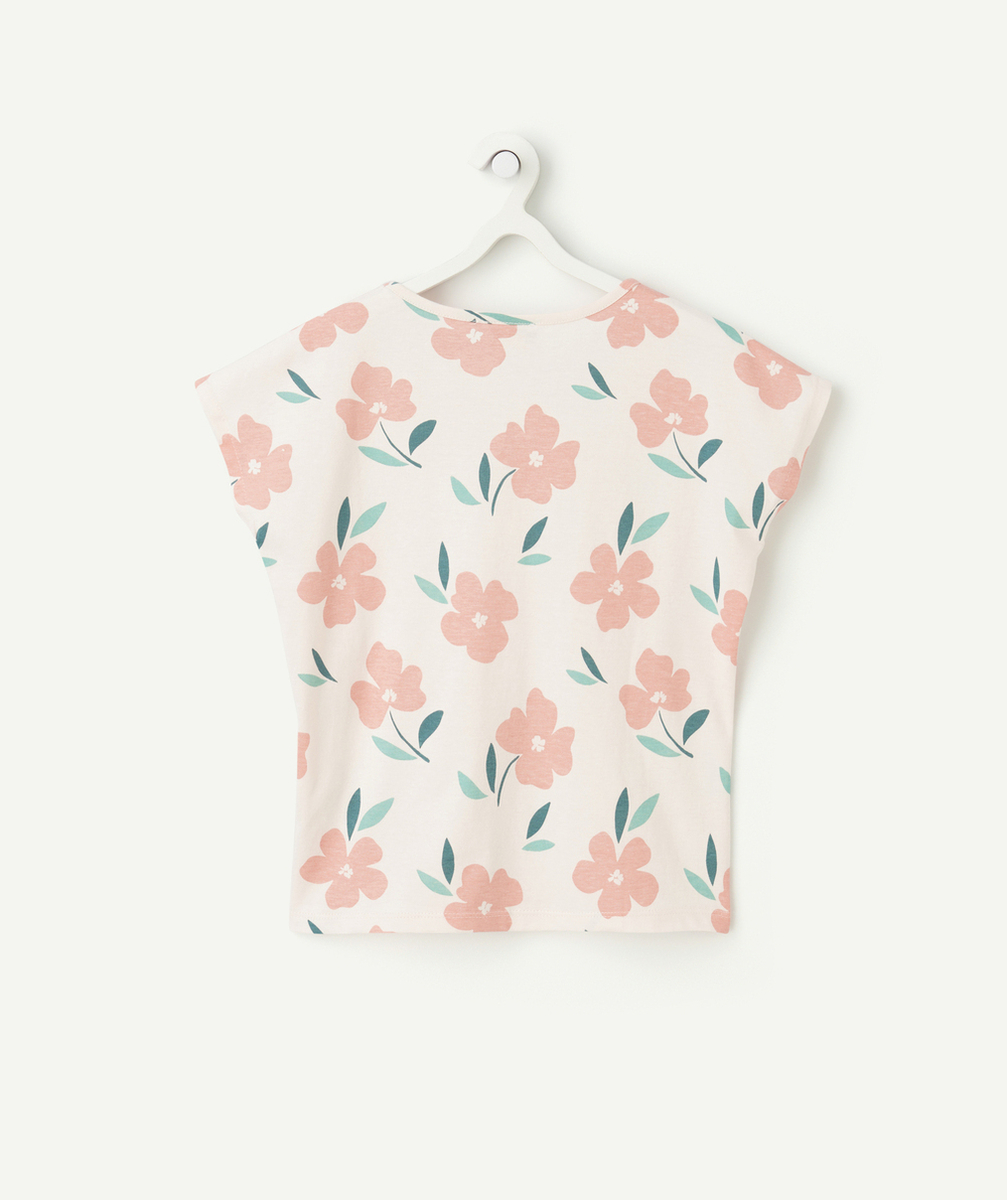 t-shirt manches courtes fille en coton bio rose pâle imprimé fleurs roses