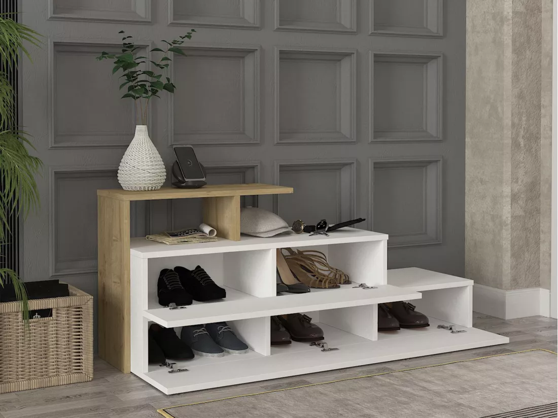Meuble à chaussures avec 2 portes et 1 étagère - Blanc et Naturel - DAVISTA