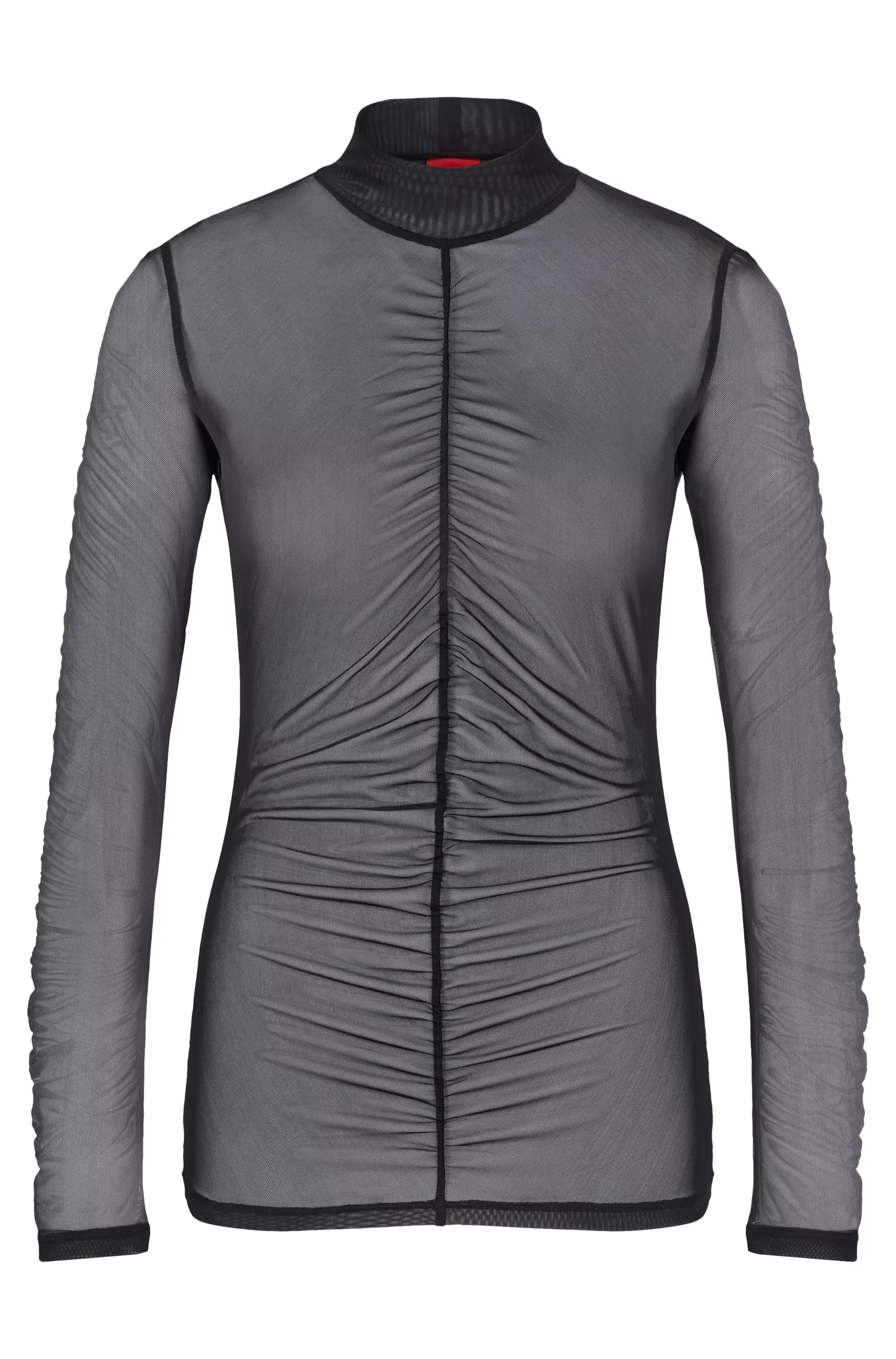 Blusa HUGO vermelha de gola alta em malha elástica com detalhes de babados.