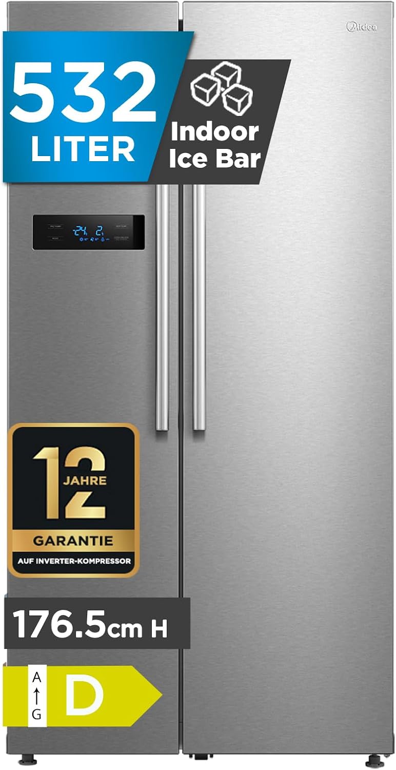 Midea MERS530FGD02 Side-by-Side Kühl-/Gefrierkombination/NoFrost/Inverter Technologie/Indoor Ice Bar/Twin Control/176,5 cm Höhe/335 L Kühlen/197 L Gefrieren/256 kWh/Jahr