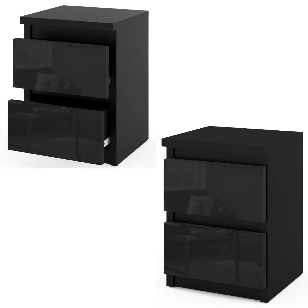 Table de chevet - Noir Brillant - 2 tiroirs - Design moderne