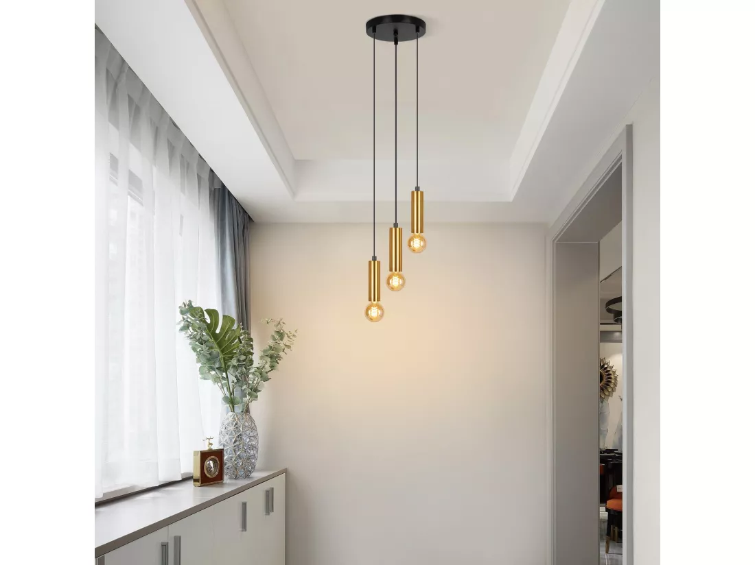 NETTLIFE Lampe suspendue 3 ampoules suspension dorée E27 lampe de salle à manger industrielle table à manger en métal