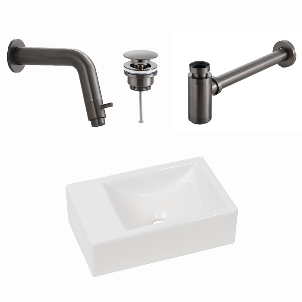Plieger Houston fonteinset met mat witte fontein links en gunmetal inbouwkraan