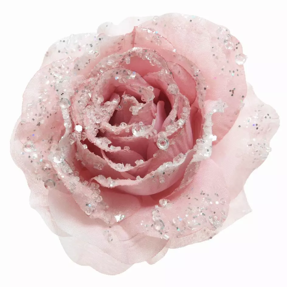 Fleur décorative sur pince pailletée (D14 cm) Rose poudré