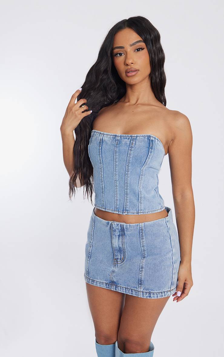Light Blue Wash Top Corset Bustier En Denim Petite