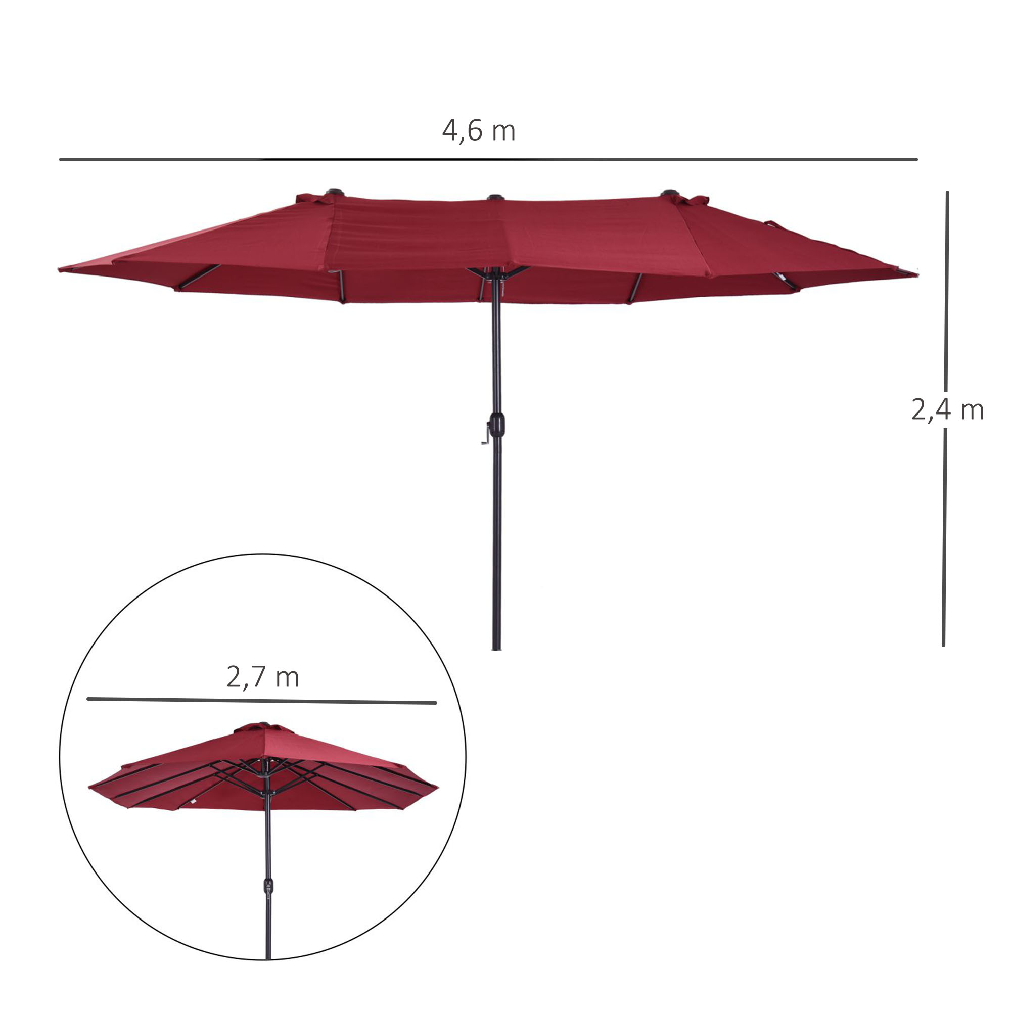 Guarda-sol Outsunny para pátio externo, guarda-sol grande de jardim de 4,6 x 2,7 m com manivela manual, à prova d'água e com proteção solar para pátio, praia e piscina, vermelho.