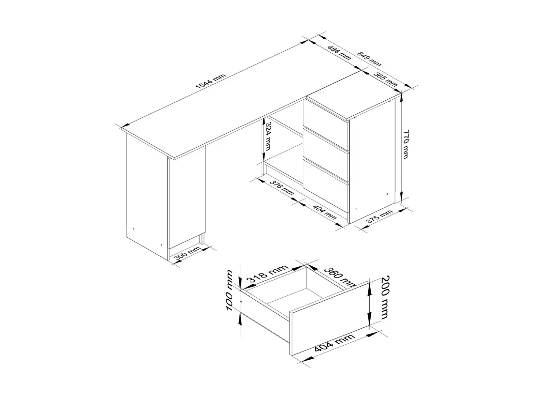Grand bureau d'angle AKORD droit B20 Chêne Sonoma 155 cm 1 porte 3 tiroirs façade Blanche 4 étagères 155x85x77 cm