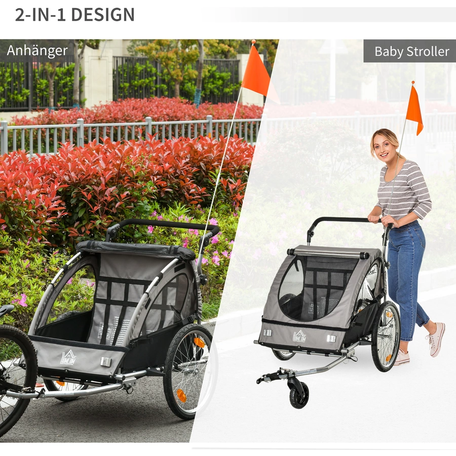 HOMCOM 2-in1 Fahrradanhänger mit Platz für 2 Kinder grauschwarz