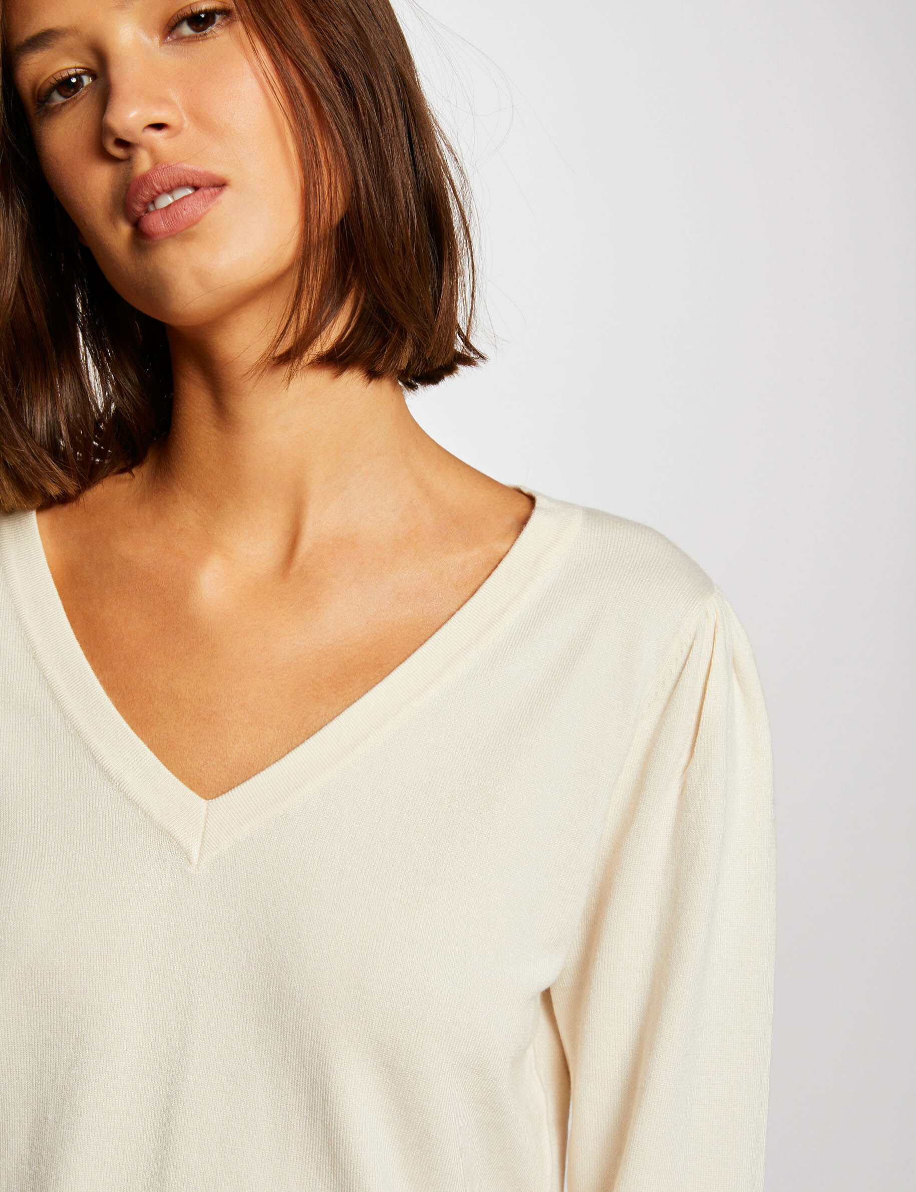 Pull manches longues avec col en V ivoire femme - ivoire