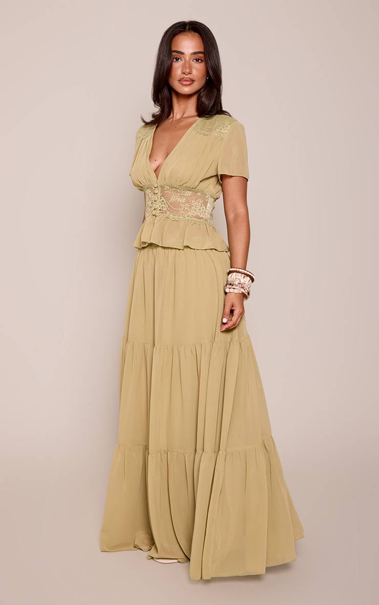 Vert Olive Ensemble Jupe Longue En Mousseline Superposée Petite
