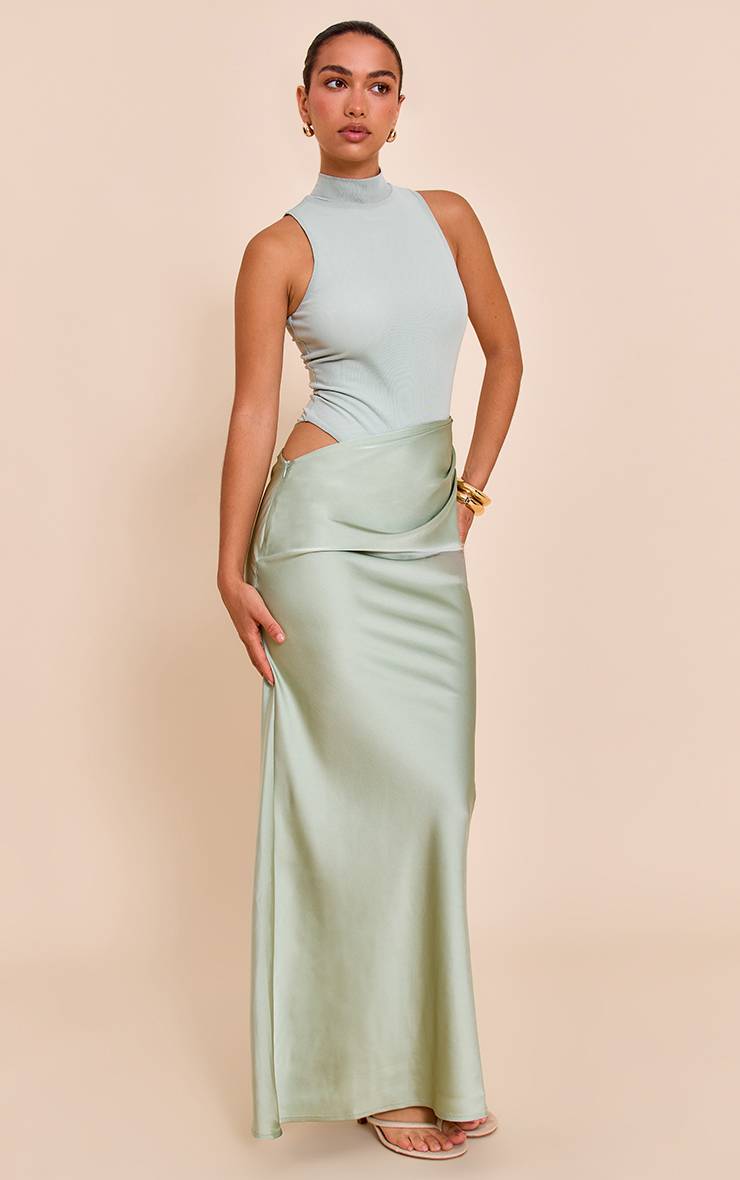 Vert Sauge Robe Maxi Jupe Satinée À Empiècement Mesh Racer