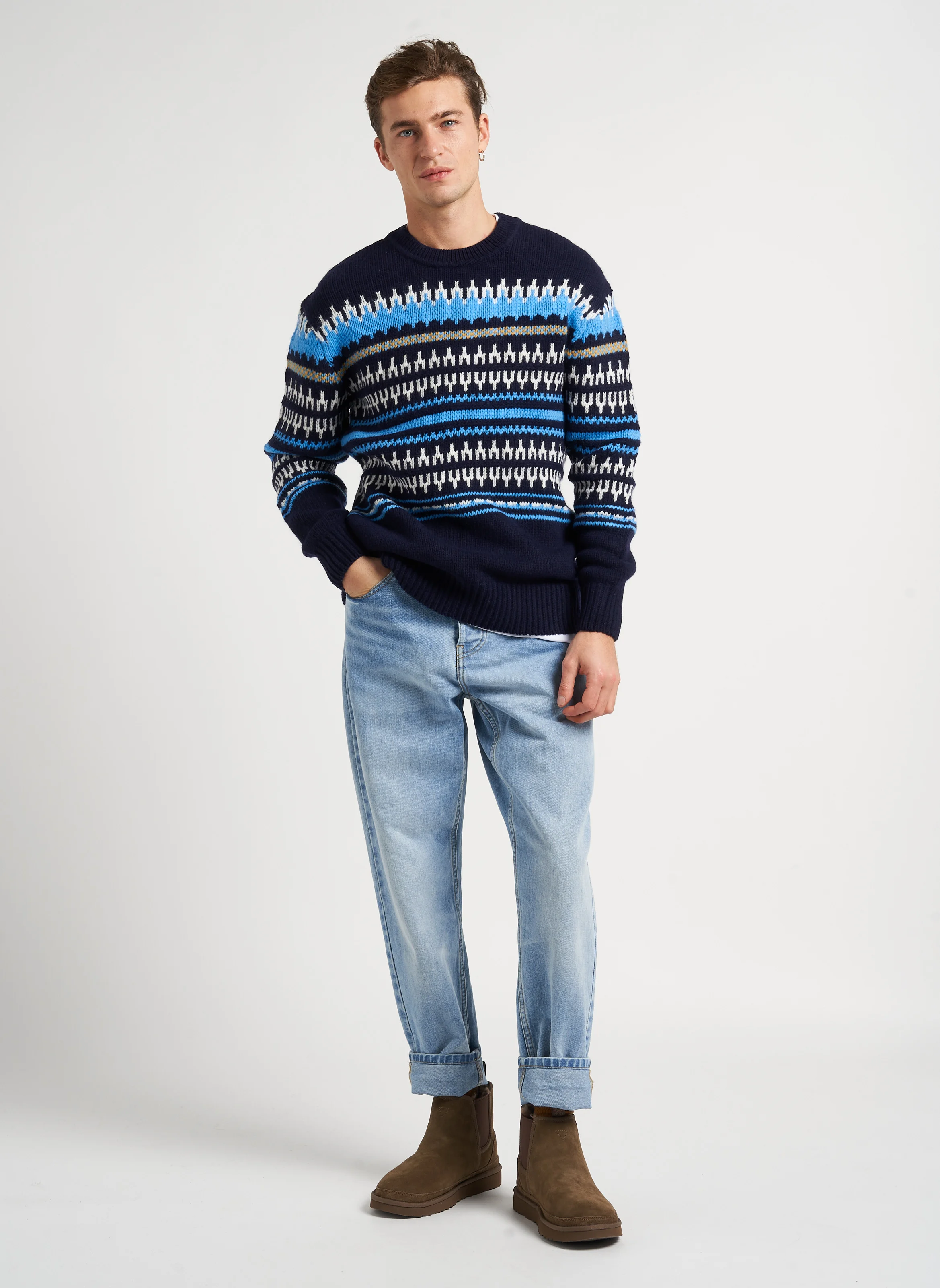 Pull col rond imprimé en laine| Bleu