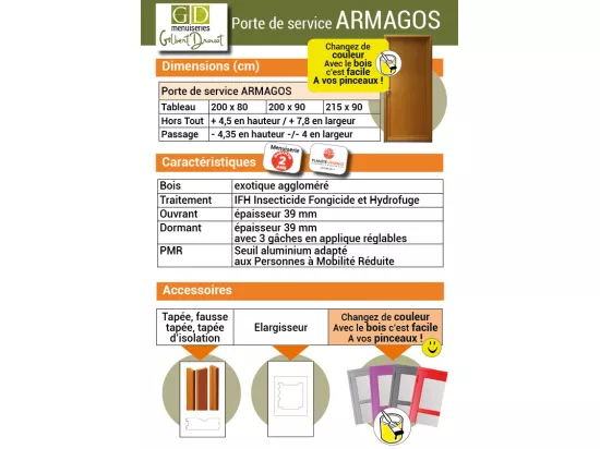 Porte De Service Bois Pleine Armagos, H,200xl,80 P, Droit Côtes Tableau Gd Menuiseries