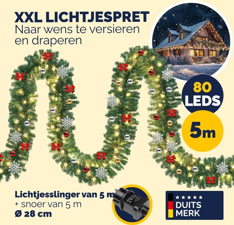 Casaria Kerstguirlande – 5 m 80 LED´s incl. Decoratie – Warm Wit