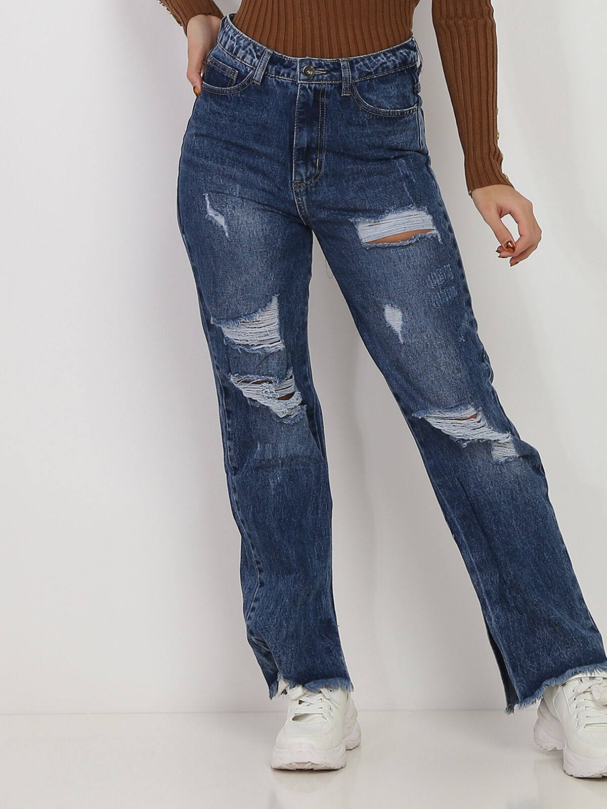 Jeans large destroy à taille haute- Bleu