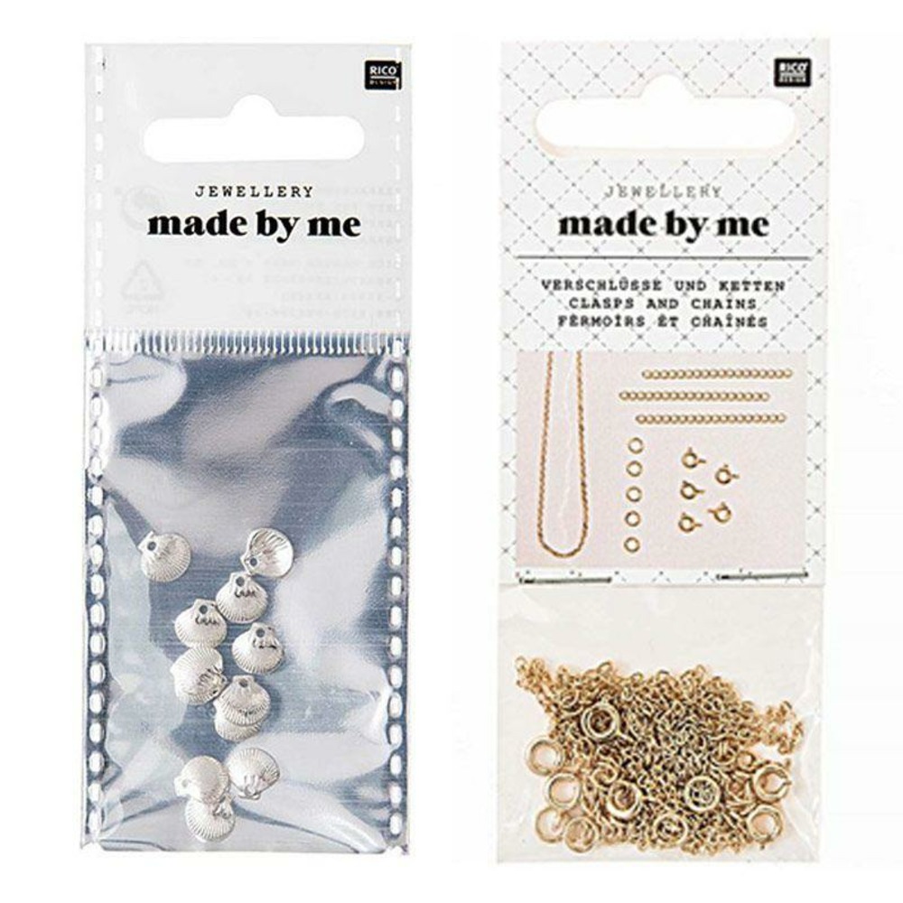 12 mini perles coquillages argentées + fermoirs fins et chaînes dorés