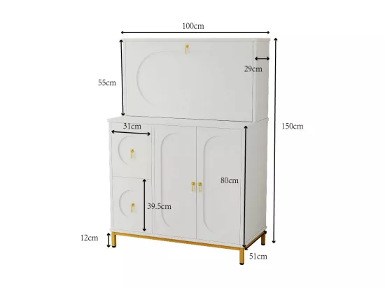 Buffet avec 3 portes et 2 tiroirs, Bureau - 100 x 51 x 150 cm - Bois MDF - Blanc