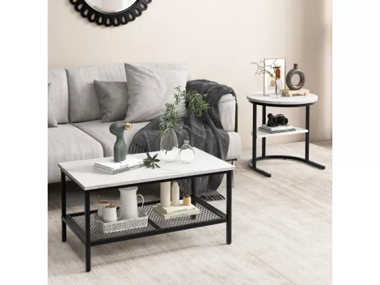 Tables Basses Gigognes Lot de 2, Table Gigogne Design Marbre, Cadre en Métal, Table Salon Rectangulaire, Table d'Appoint Ronde pour Canapé, Salon, Chambre