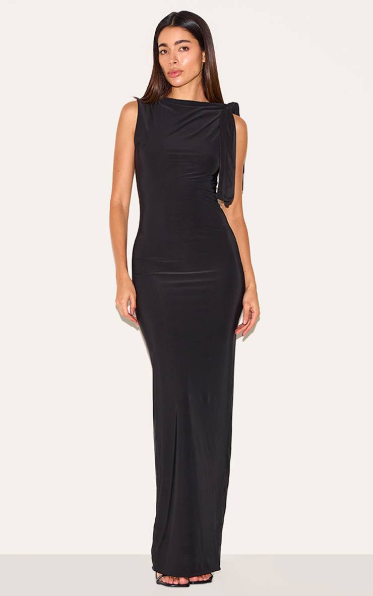 Noir Robe Midaxi Drapée Avec Nœud En Tissu Slinky
