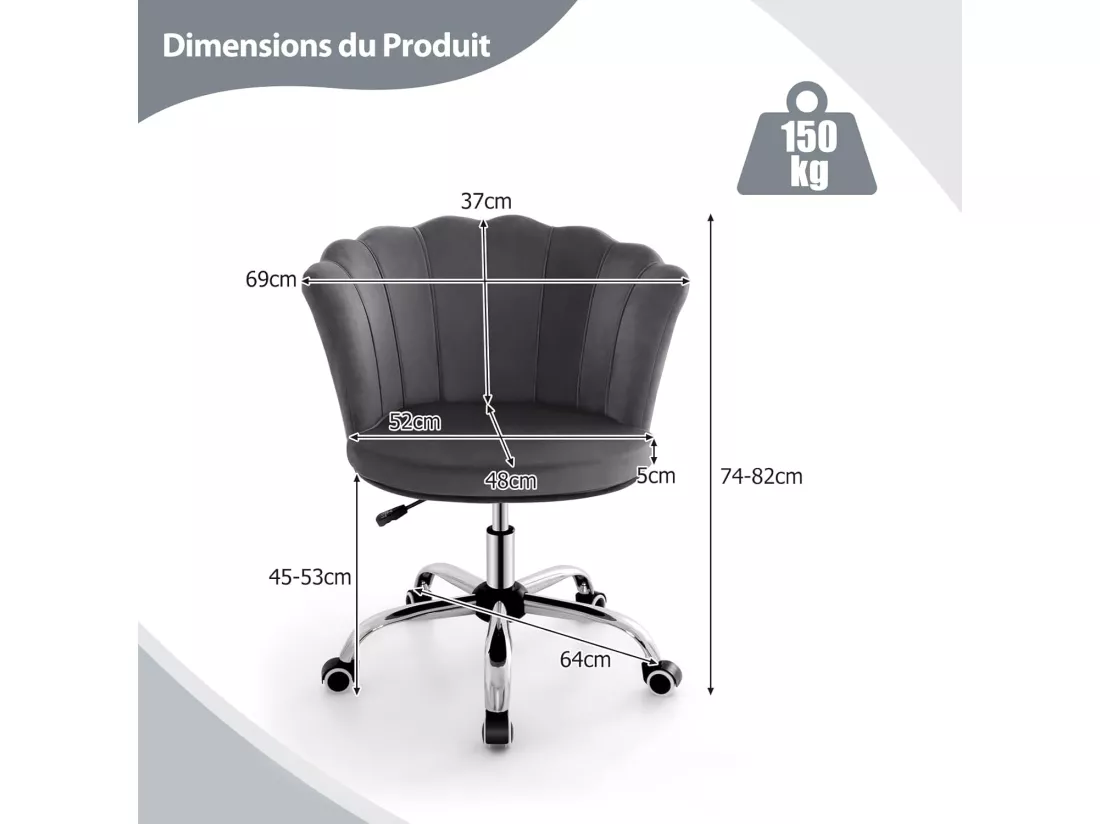 Fauteuil de Bureau en Velours avec 5 Roues Universelles, Chaise de Coiffeuse avec Hauteur Réglable, Chaise Salon Rembourrée Pivotante, Forme de Coquillage, pour Salon, Chambre, Bureau (Gris)