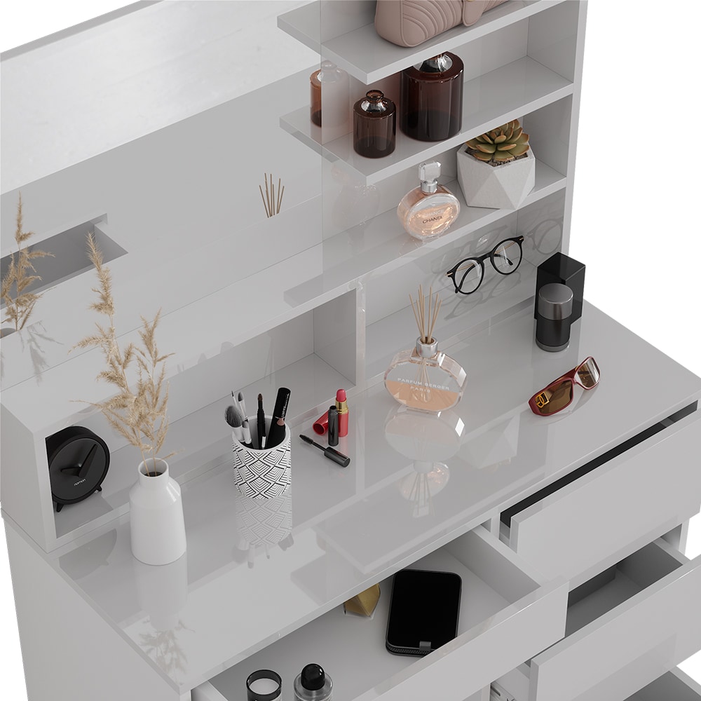 Vicco Schminktisch Sherry Weiß Hochglanz 90 x 75 cm Spiegel Regal Hocker modern