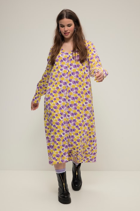 Maxikleid, A-Line, Allover-Print, V-Ausschnitt, Knopfleiste