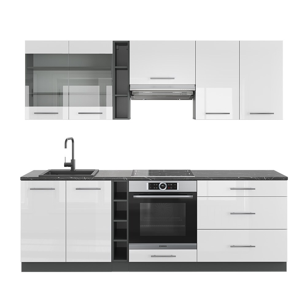 Vicco Küchenzeile Küchenblock Einbauküche Fame-Line Anthrazit Weiß 235 cm modern Hochglanz Küchen Schränke Hängeglasschrank Hängeschrank Schubladenunterschrank Spülenunterschrank Herdumbauschrank