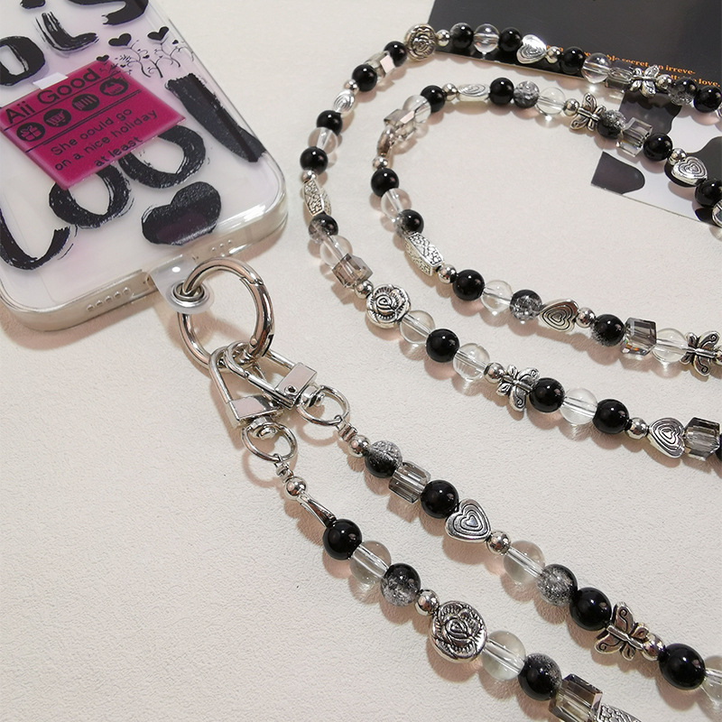 (120cm) Universal Necklace Handykette Umhängeband für Schutzhülle mit Glitzersteinen   1x Einlage - Schwarz / Transparent
