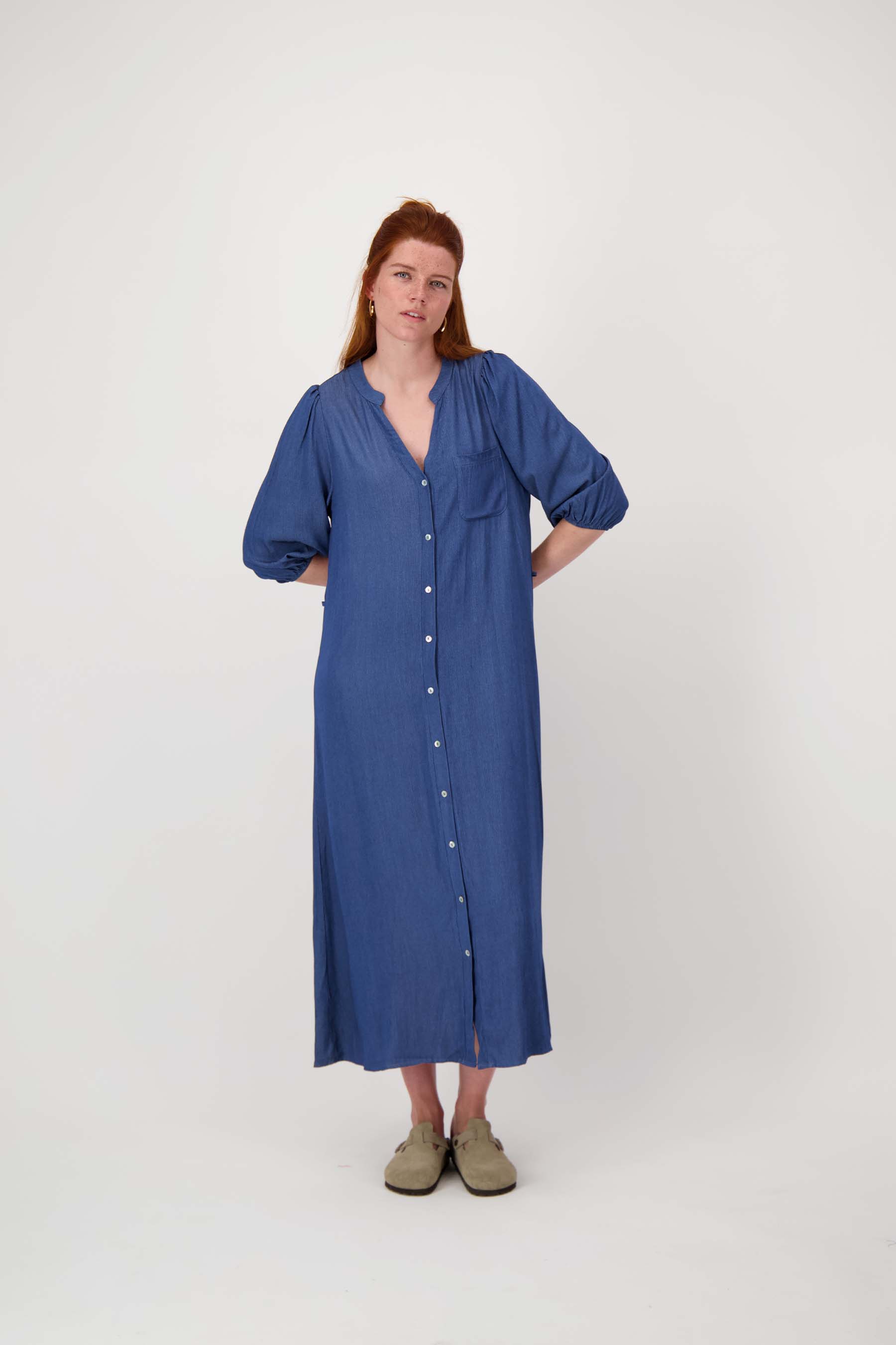 tencel denim dress poff sleeves striped