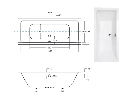 Baignoire EMILIA ultra-slim 155-165-170-175-180-190 cm - Dimensions baignoire: 165 x 75 cm