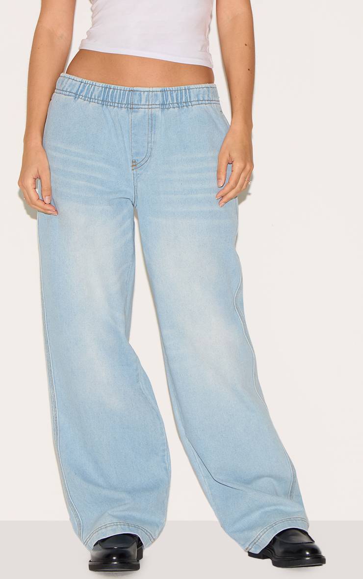 Light Blue Wash Jean Jambe Large À Taille Élastiquée