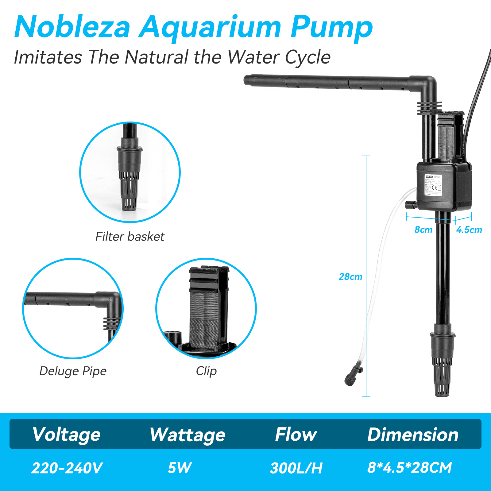 Bomba submersível para aquário Nobleza - 30L (300 L/H, 5 W), com oxigenação.