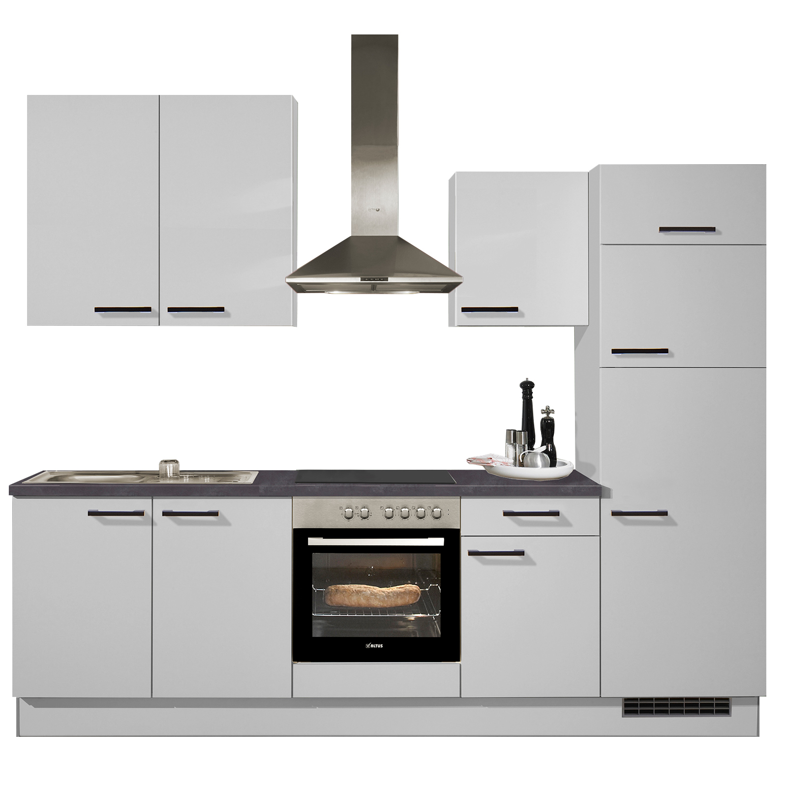 pino Küchenblock PN 80 - lichtgrau - mit E-Geräten - Kühlschrank rechts - 270 cm