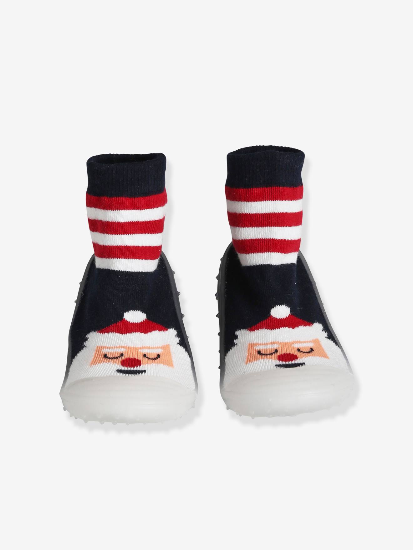 Pantufas infantis de Natal antiderrapantes, estilo meia, com listras vermelhas.