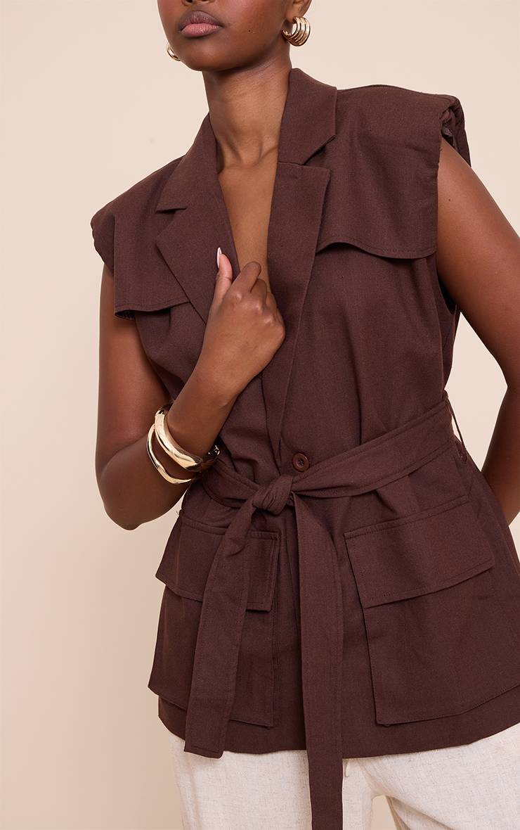 Chocolat Gilet Utilitaire Aspect Lin Avec Ceinture À Nouer À La Taille